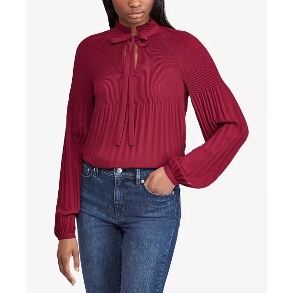 Lauren‎ Ralph Lauren Georgette Pleated Top Burgundy Spring Office Career Classic